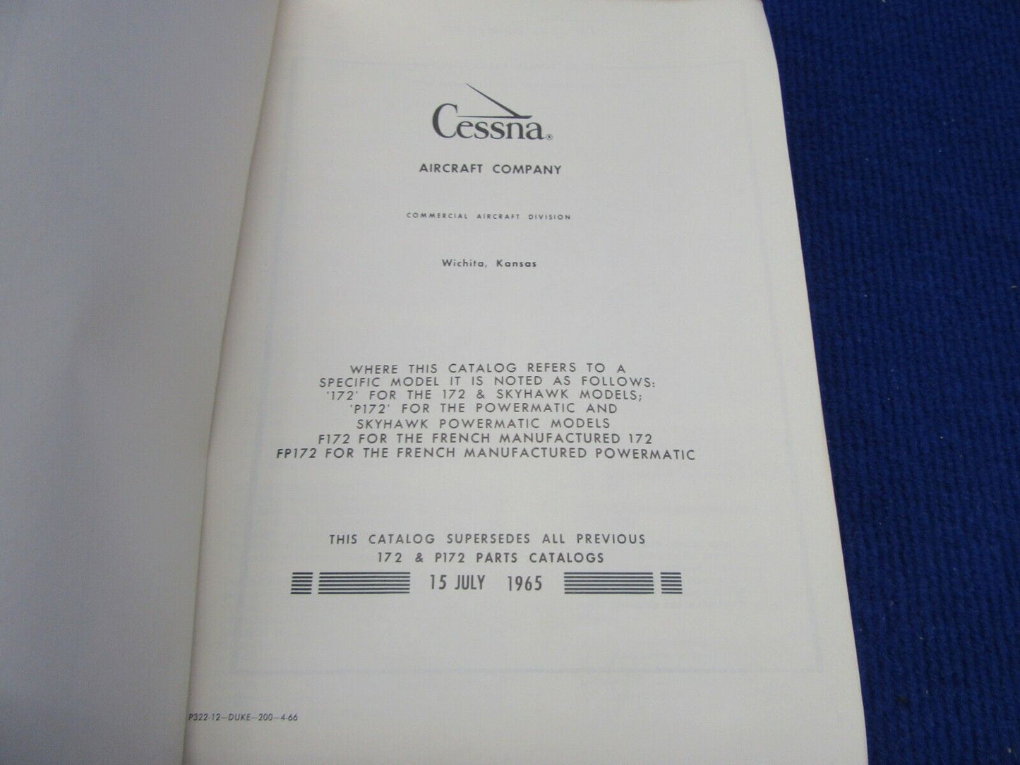 Cessna 172 Skyhawk & Powermatic Series Parts Catalog 1963-1966 (1221-333)