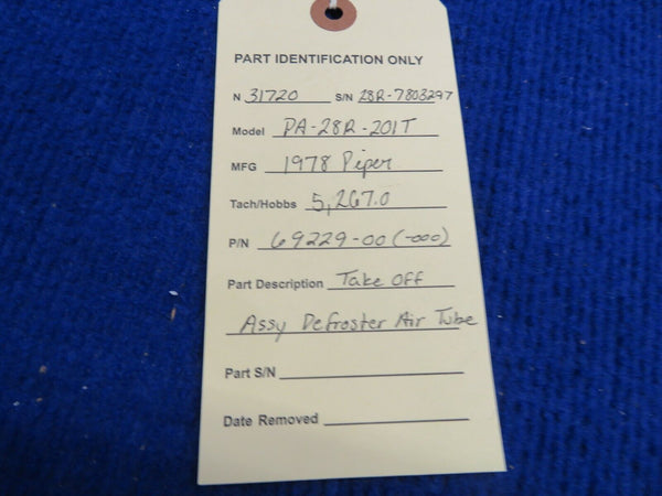 Piper PA-28R-201T Take Off Assy Defroster Air Tube P/N 69229-00 (0322-323)
