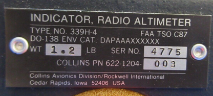 Collins Radio Altimeter Indicator P/N 339H-4, 622-1204-002 CORE (10223-905)