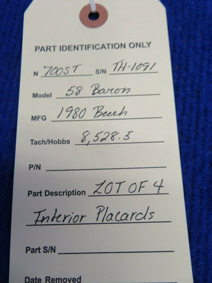 1980 Beech 58 Baron Interior Placards LOT OF 4 (0422-327)