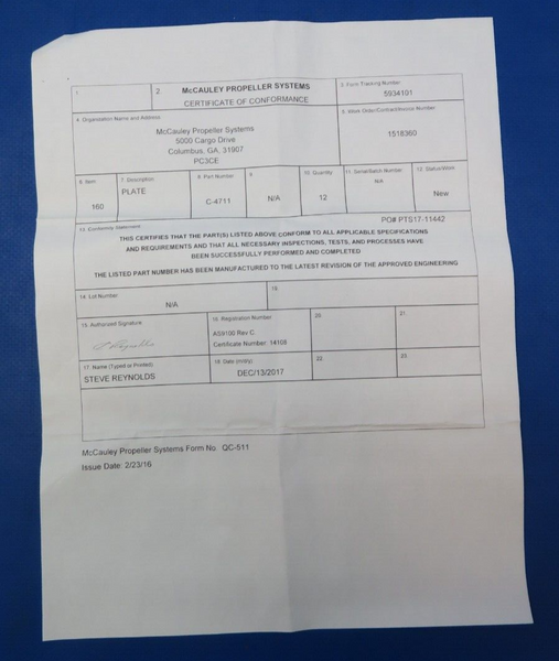 McCauley Threaded Propeller Plate w/ Paperwork P/N C4711 LOT OF 5 NOS (0523-270)