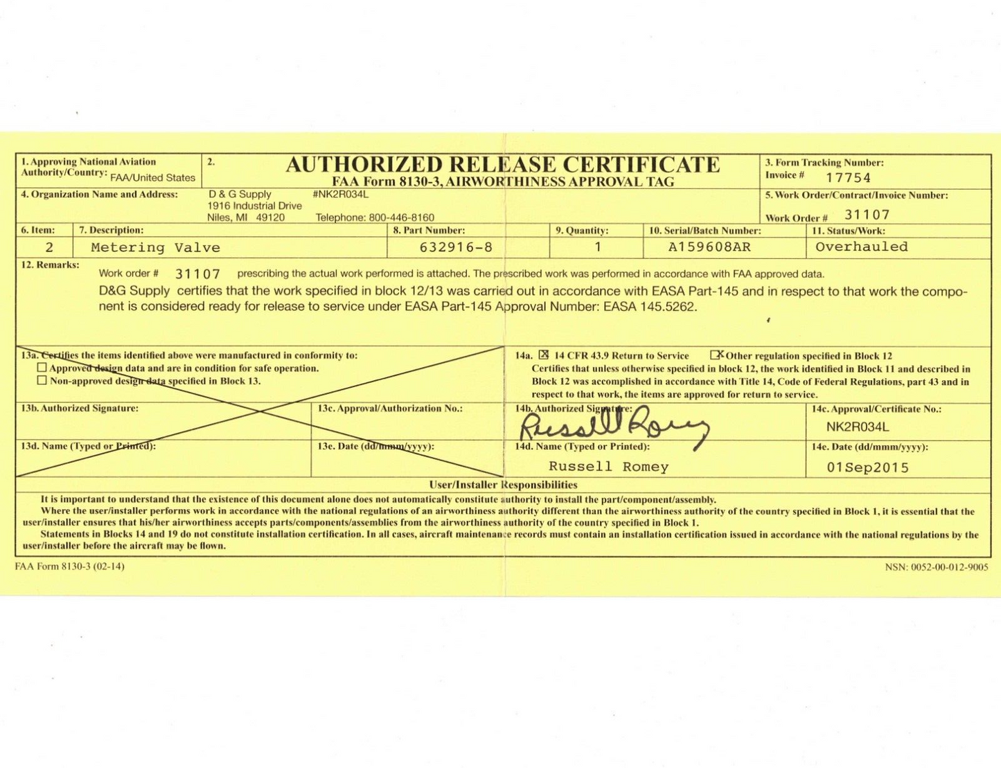 Cessna Continental TSIO-520-E Fuel Injection Control Valve 632852 (0124-234)