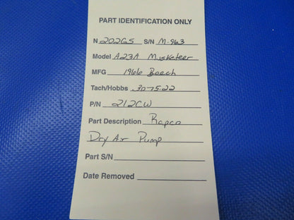 Beech A23A Musketeer Rapco Dry Air Pump P/N 212CW NO PROP STRIKE (0621-852)