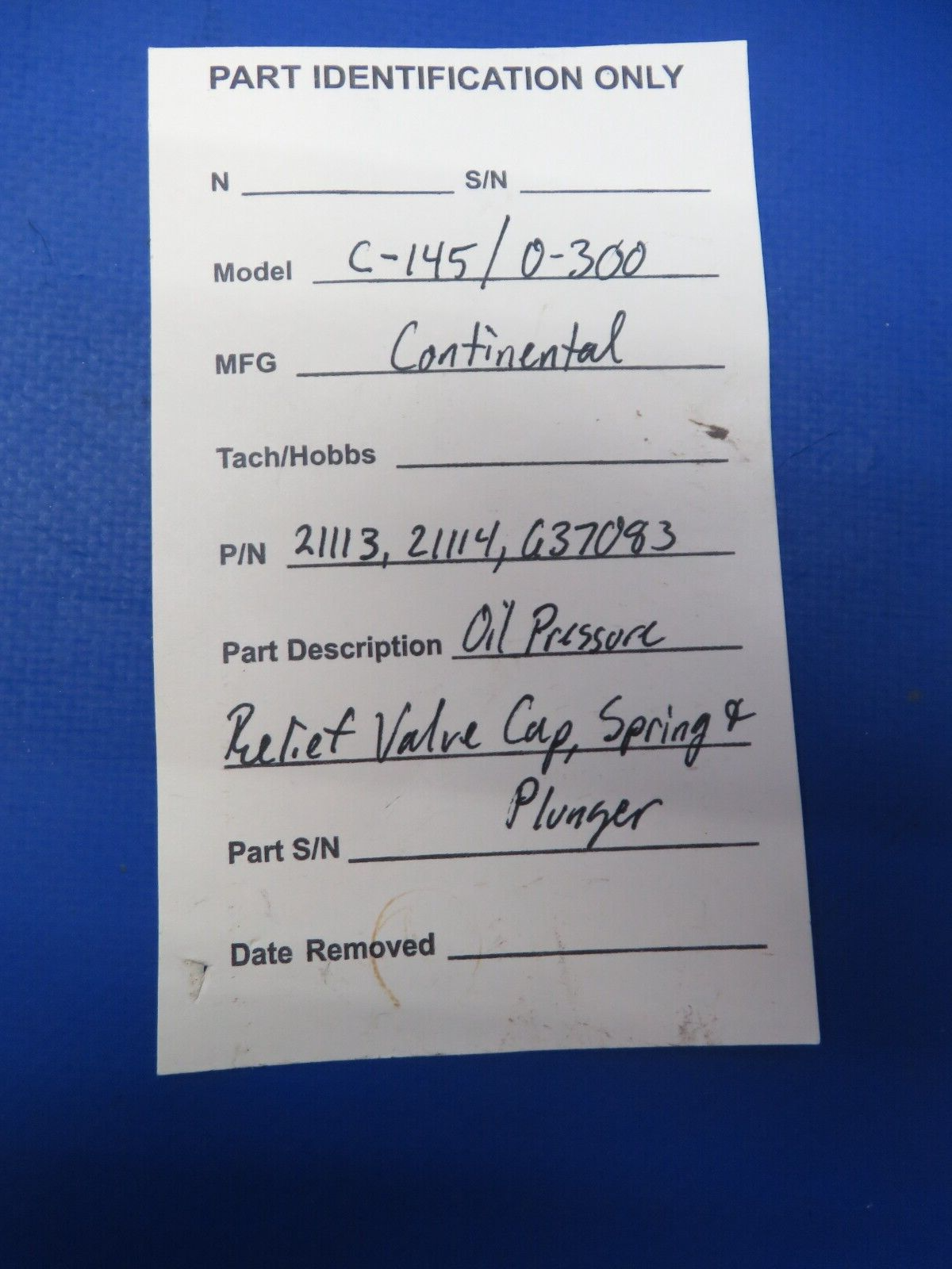 Continental O-300 Oil Pressure Valve, Cap, Spring & Plunger P/N 21113 (0723-546)
