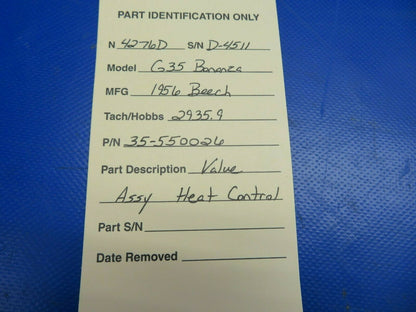 Beech G35 Bonanza Valve Assy Heat Control P/N 35-550026 (0620-398)