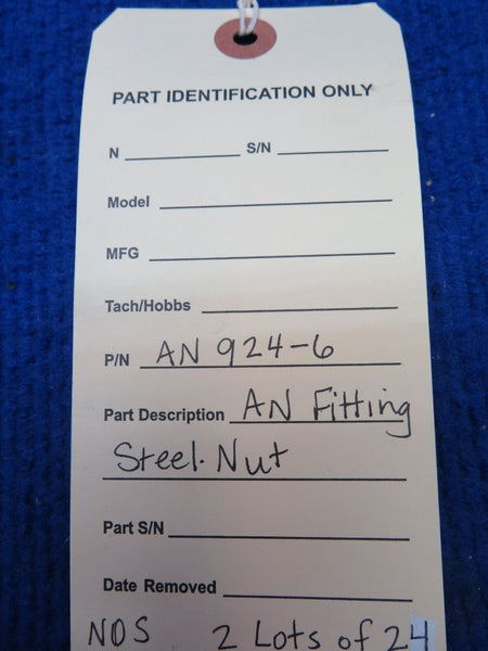 AN Fitting Steel Nut P/N AN924-6 LOT OF 24 NOS (0722-475)