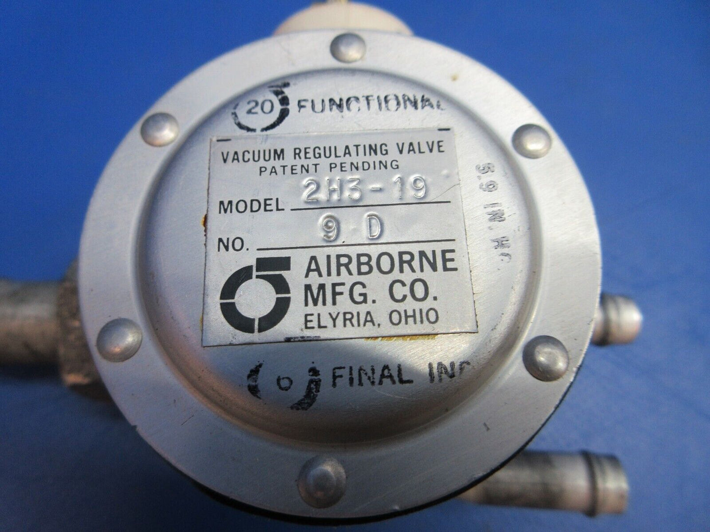 Piper PA-28-236 Dakota Airborne Vacuum Regulating Valve P/N 2H3-19 (0623-209)