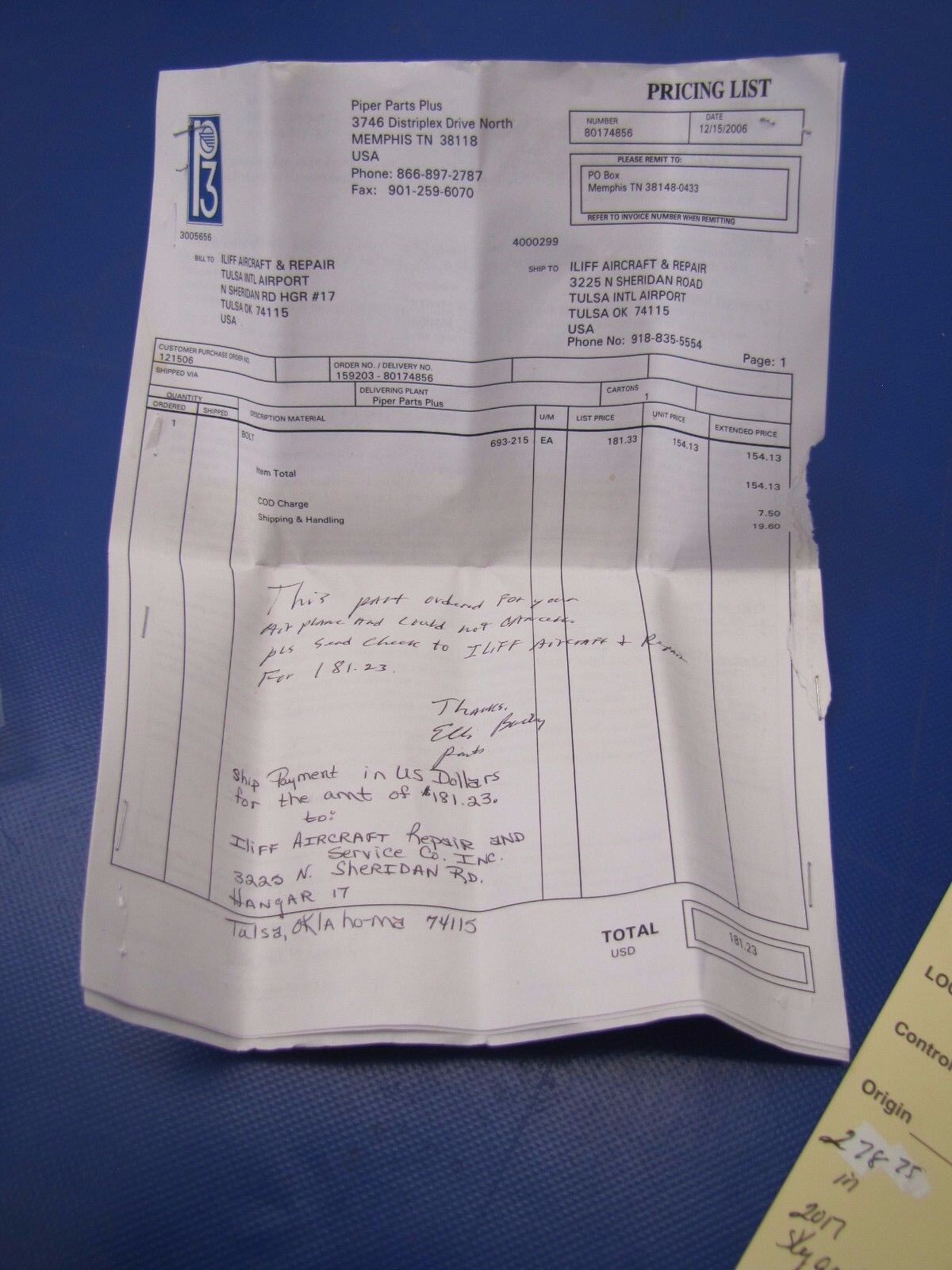 Piper Bolt P/N 693-215 NOS (0417-126)