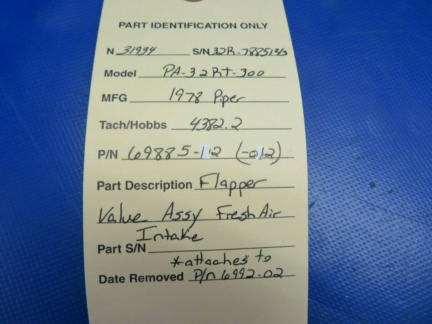 Piper PA-32RT-300 Flapper Valve Assy Fresh Air Intake P/N 69885-12 (0620-322)