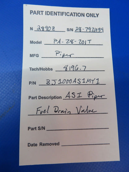 Piper PA-28-201T Dakota ASI Piper Fuel Drain Valve P/N BJ1000AS1MY1 (1222-347)