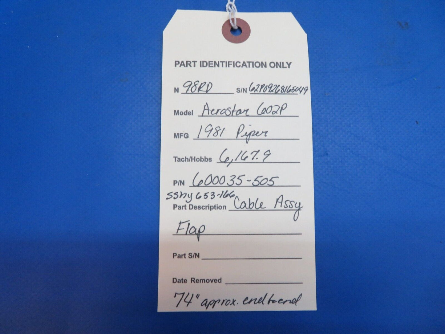 Piper Aerostar 602P Cable Assy Flap P/N 600035-505 SSBY 653-166 (0123-772)