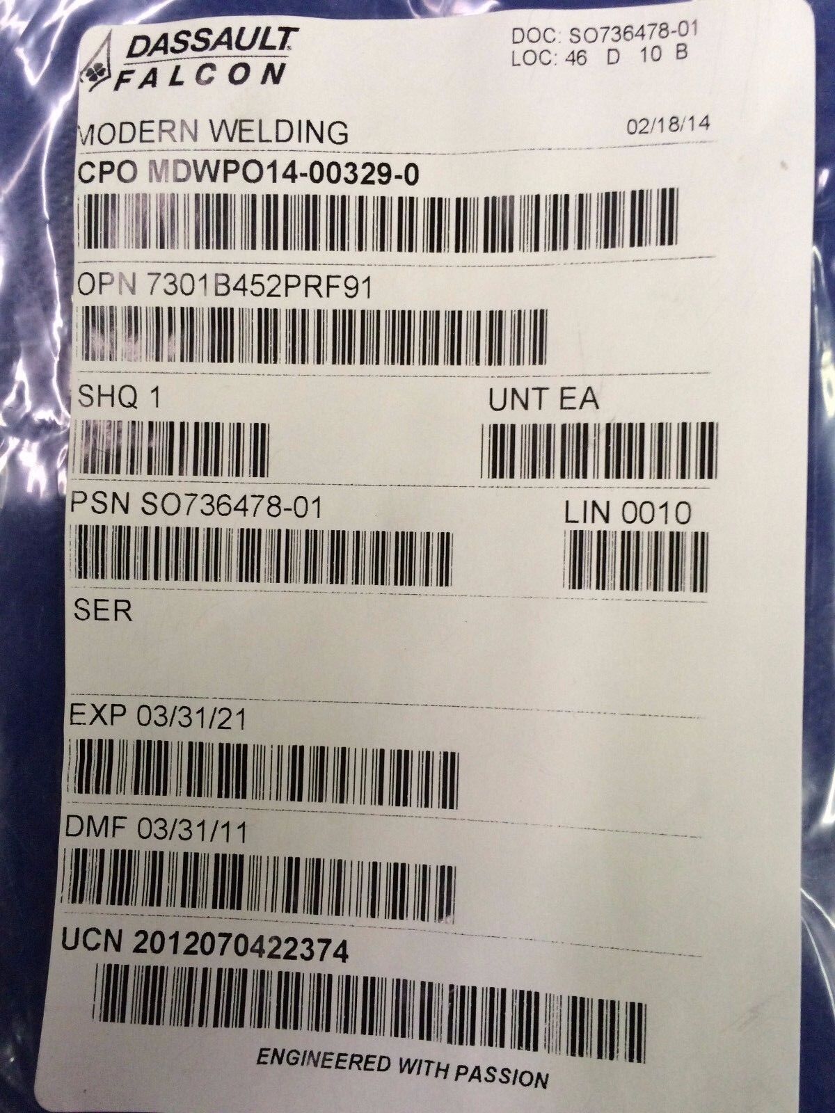 Dassault Falcon Rubber Seal P/N  7301B452PRF91 (1216-91)