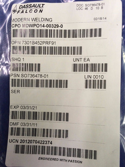 Dassault Falcon Rubber Seal P/N  7301B452PRF91 (1216-91)