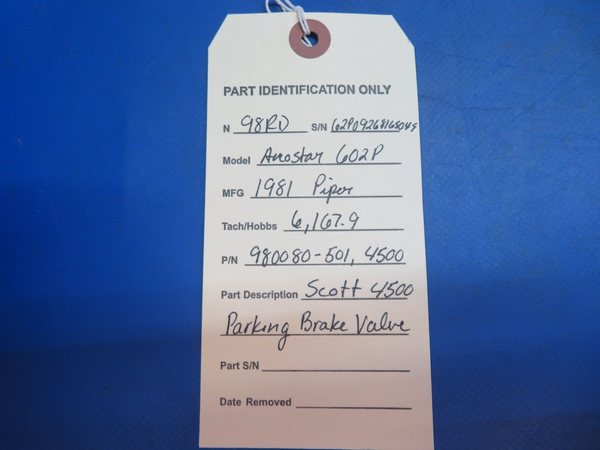 Piper Aerostar 602P Scott 4500 Parking Brake Valve P/N 980080-501 (0123-696)