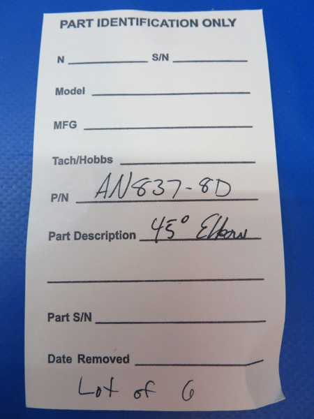 45 Degree Elbow P/N AN837-8D LOT OF 6 (1222-306)