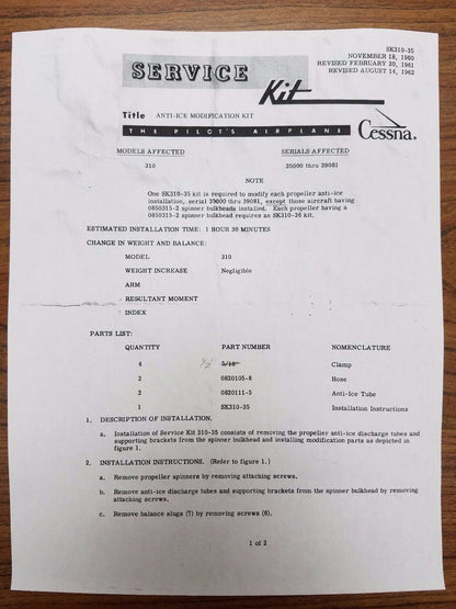 Cessna 310 Anti-Ice Modification Kit P/N SK310-35 (0416-179)