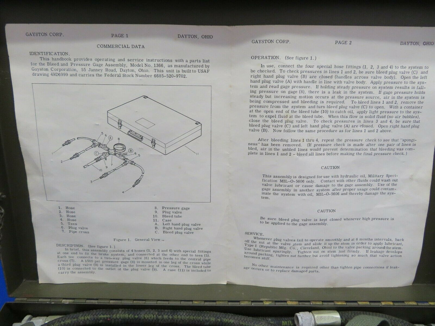 Gayston Bleed & Pressure Gauge Model 1366 MFG June 1965 (0720-892)
