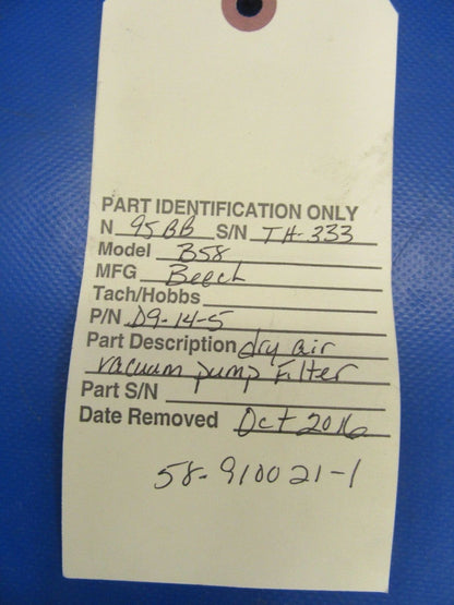 Beech Baron 58 Vacuum Pump Filter & Fittings P/N 58-910021-1 (1216-18)