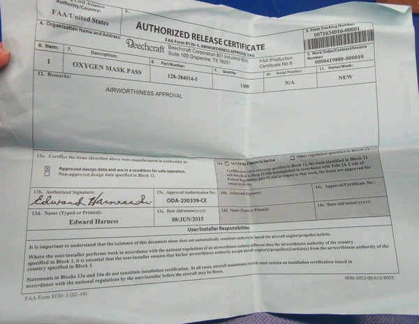 Beech 400 400A B/E Aerospace Oxygen System Component 128-384014-5 NOS (0519-35)
