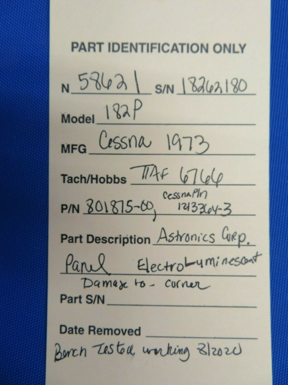 Cessna 182P Astronics Panel Electroluminescent 801875-00, 1213364-3 (0820-12)