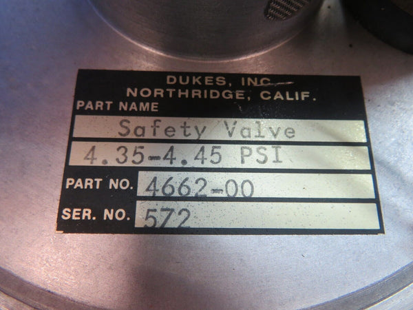 Piper Aerostar 602P Dukes Safety Valve Pressure P/N 4662-00 (0123-658)