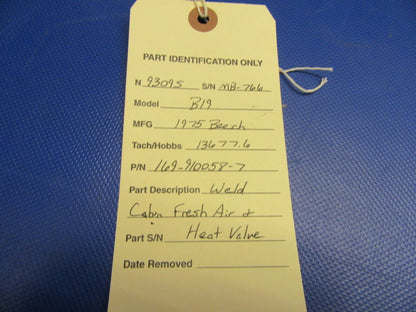 Beech B19 Musketeer Cabin Fresh Air & Heat Valve P/N 169-910058-7 (0421-476)