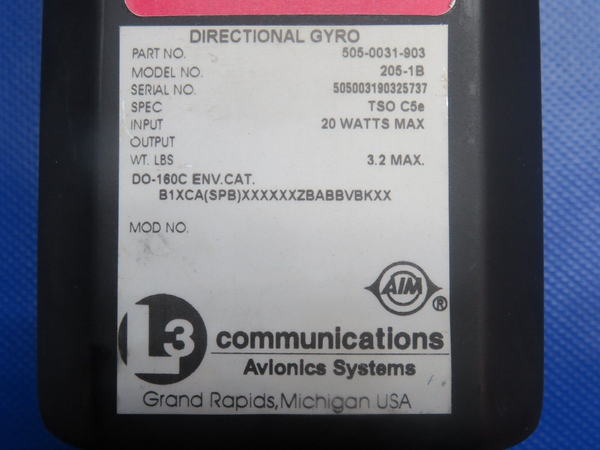 L3 Communications Directional Gyro 28V P/N 505-0031-903 CORE (0124-1190)