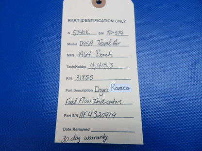 Beech Travel Air Doyn Ranco Fuel Flow Indicator P/N 31855 WARRANTY (0324-1719)