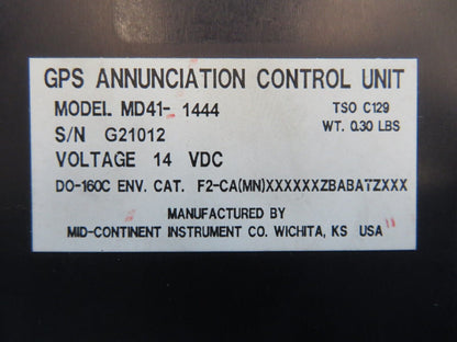 Mid-Continent Cherokee GPS Annunciation Control Unit P/N MD41-1444 (0223-710)