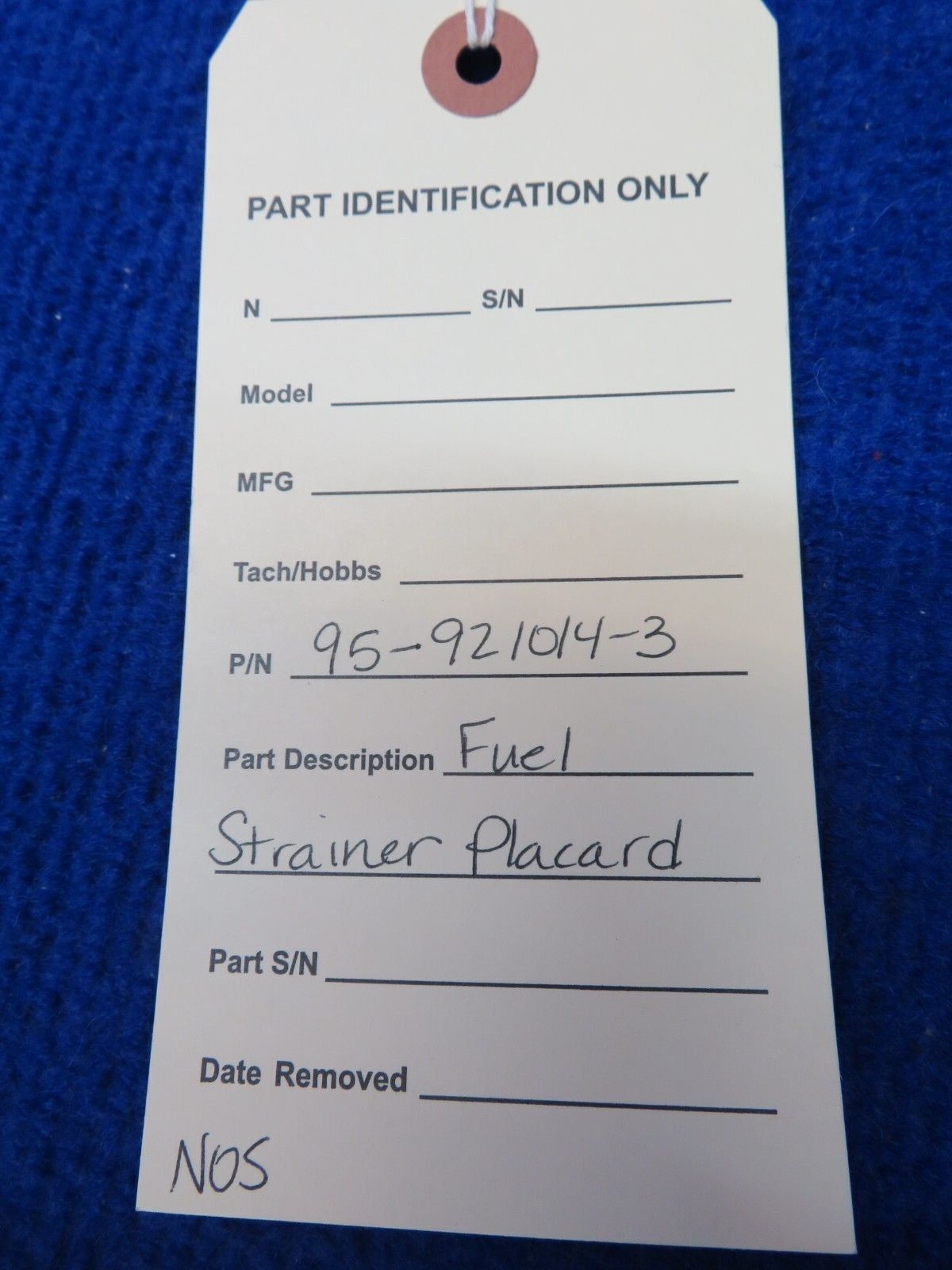 Beech Fuel Strainer Placard P/N 95-921014-3 NOS w/ 8130 (0622-443)