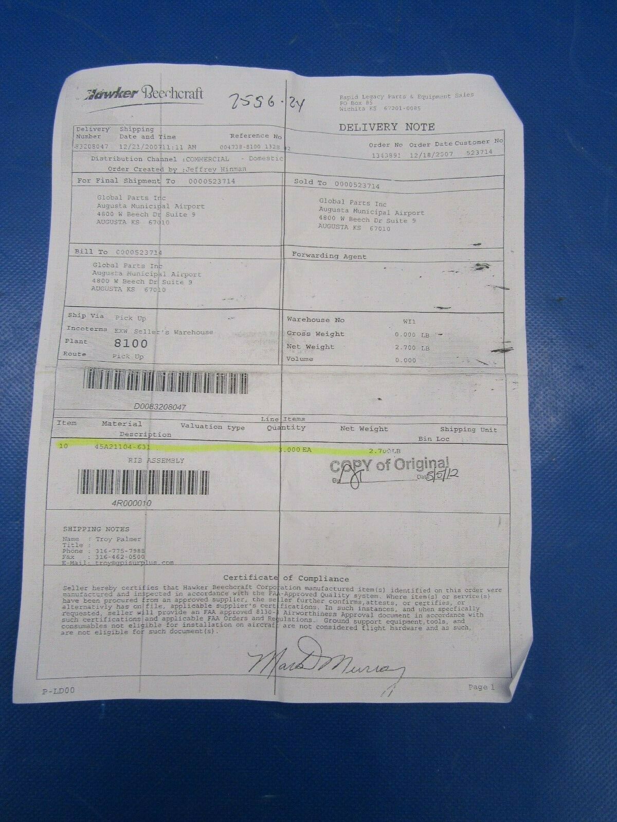 Beech 400 Rib LH Horizontal Stabilizer PN 45A21104-631 NOS w/8130 (0419-191)
