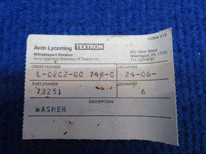 Lycoming Washer-Thrust P/N 73251 LOT OF 6 NOS (0722-44)