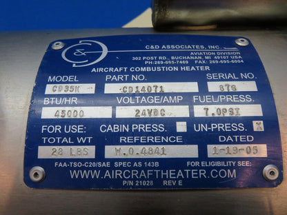 Cessna 401 C & D Associates Aircraft Heater Assy P/N CD14071 TESTED (0124-199)