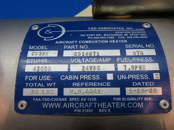 Cessna 401 C & D Associates Aircraft Heater Assy P/N CD14071 TESTED (0124-199)