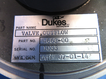 Piper Aerostar 602P Dukes Outflow Valve P/N 4663-00 (0123-848)