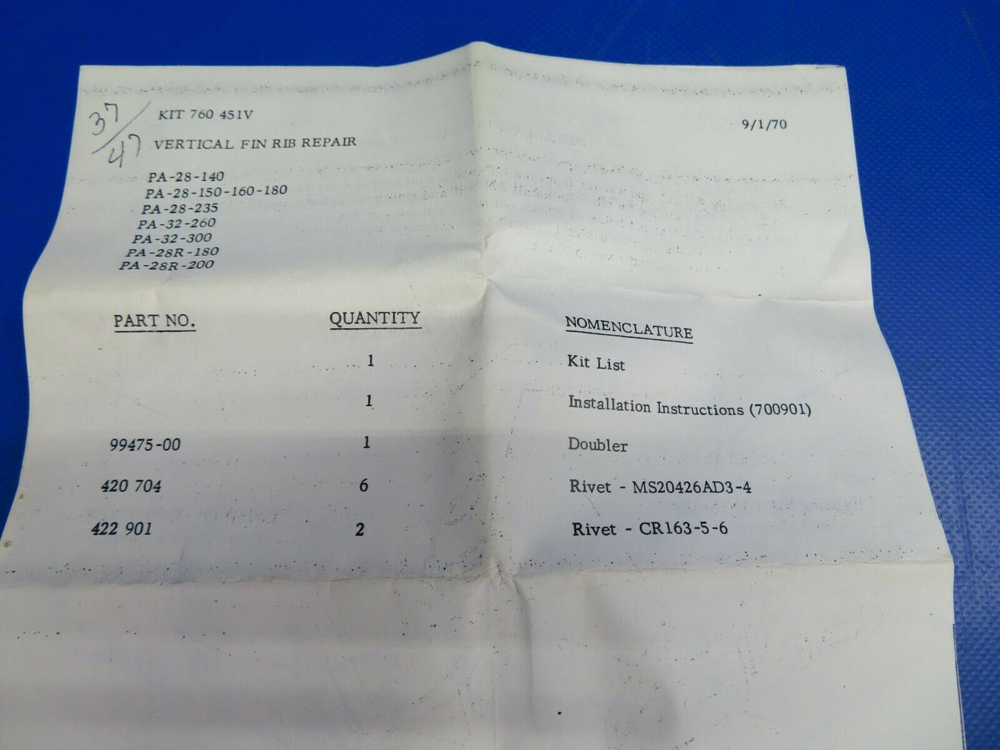 Piper PA-28 / PA-32 Vertical Fin Rib Repair Kit P/N 760-451 NOS (0720-705)