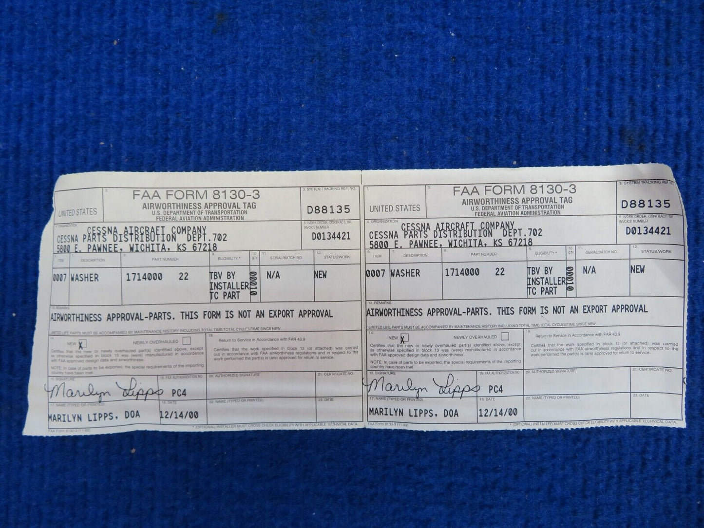 Cessna Washer w/ 8130 P/N 1714000-22 LOT OF 19 NOS (0622-719)