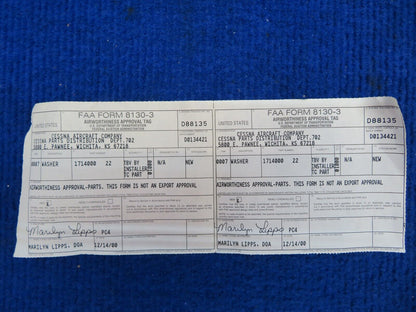 Cessna Washer w/ 8130 P/N 1714000-22 LOT OF 19 NOS (0622-719)
