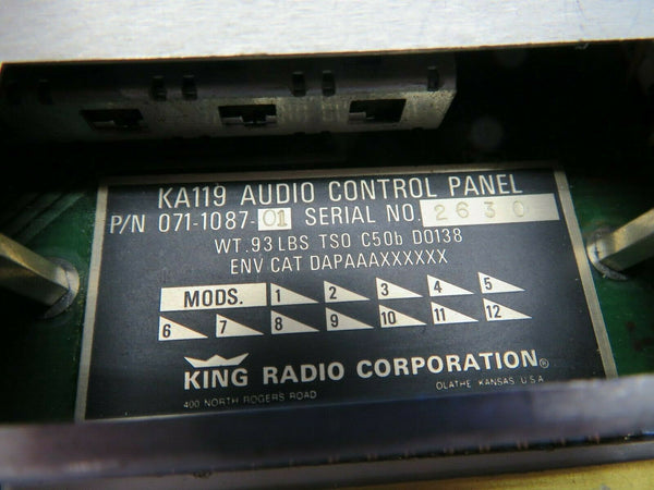 King KA119 Audio Control Panel P/N 071-1087-01 (0720-645)