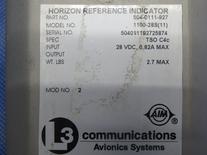 L3 Communications Horizon Reference Indicator 28V 504-0111-927 CORE (0124-1195)