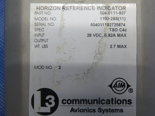 L3 Communications Horizon Reference Indicator 28V 504-0111-927 CORE (0124-1195)