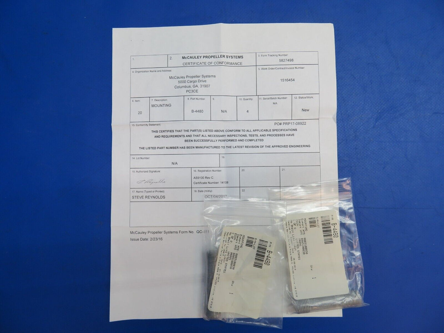 McCauley Propeller Stud Mounting w/ Paperwork P/N B-4480 LOT OF 2 NOS (0523-613)
