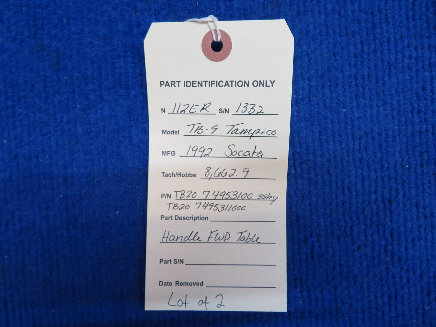 Socata TB-9 Handle FWD Table P/N 74953100 LOT OF 2 (0722-522)