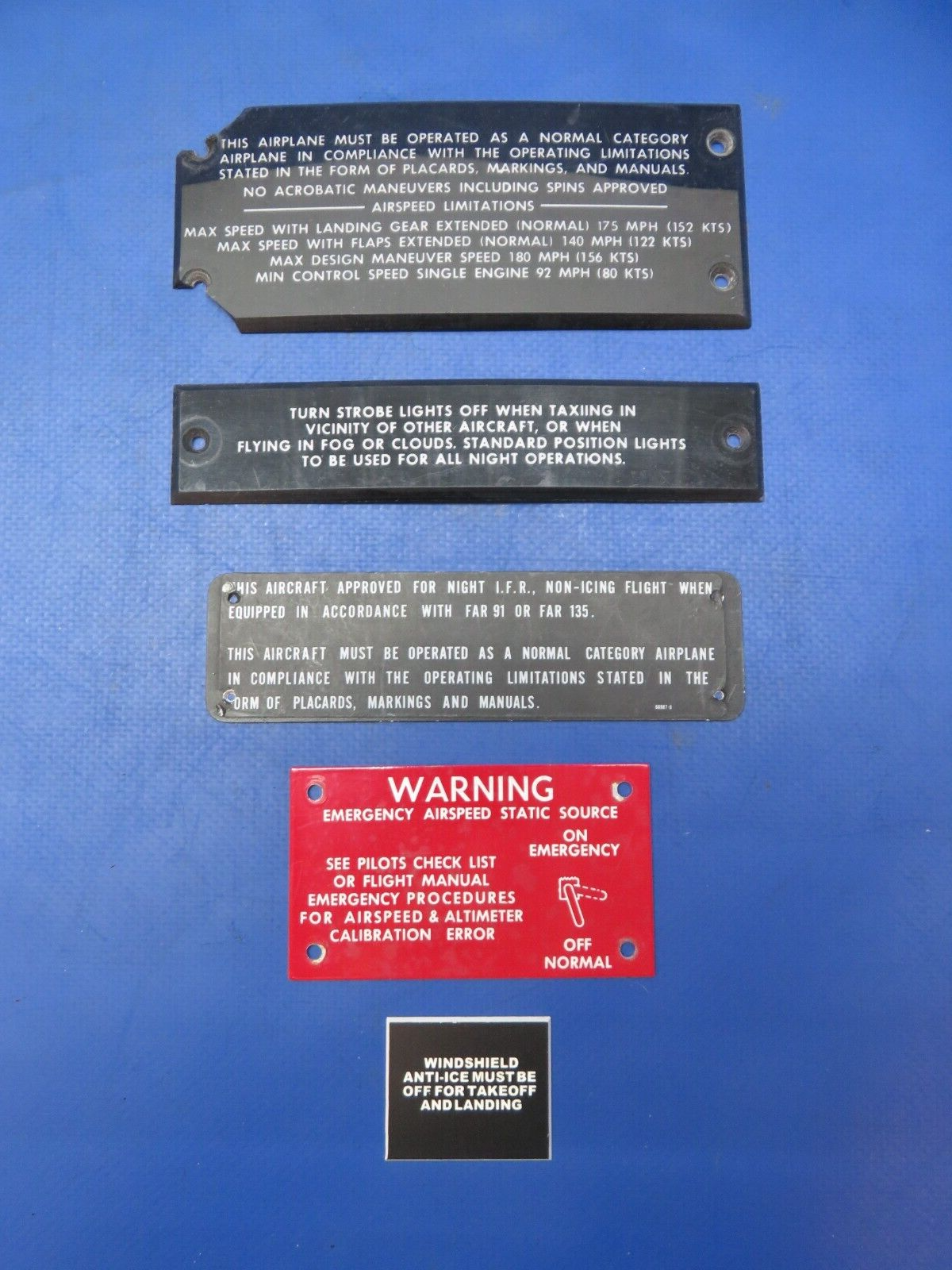 Beech 95-B55 Baron Placard P/N 58-324043-428 LOT OF 5 (0623-331)