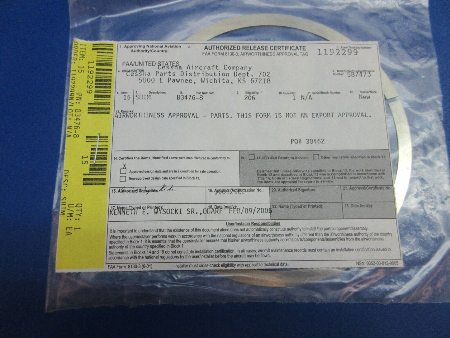 McCauley Threaded Propeller Shim w/ 8130 NOS LOT OF 3 P/N B-3476-8 (0523-398)