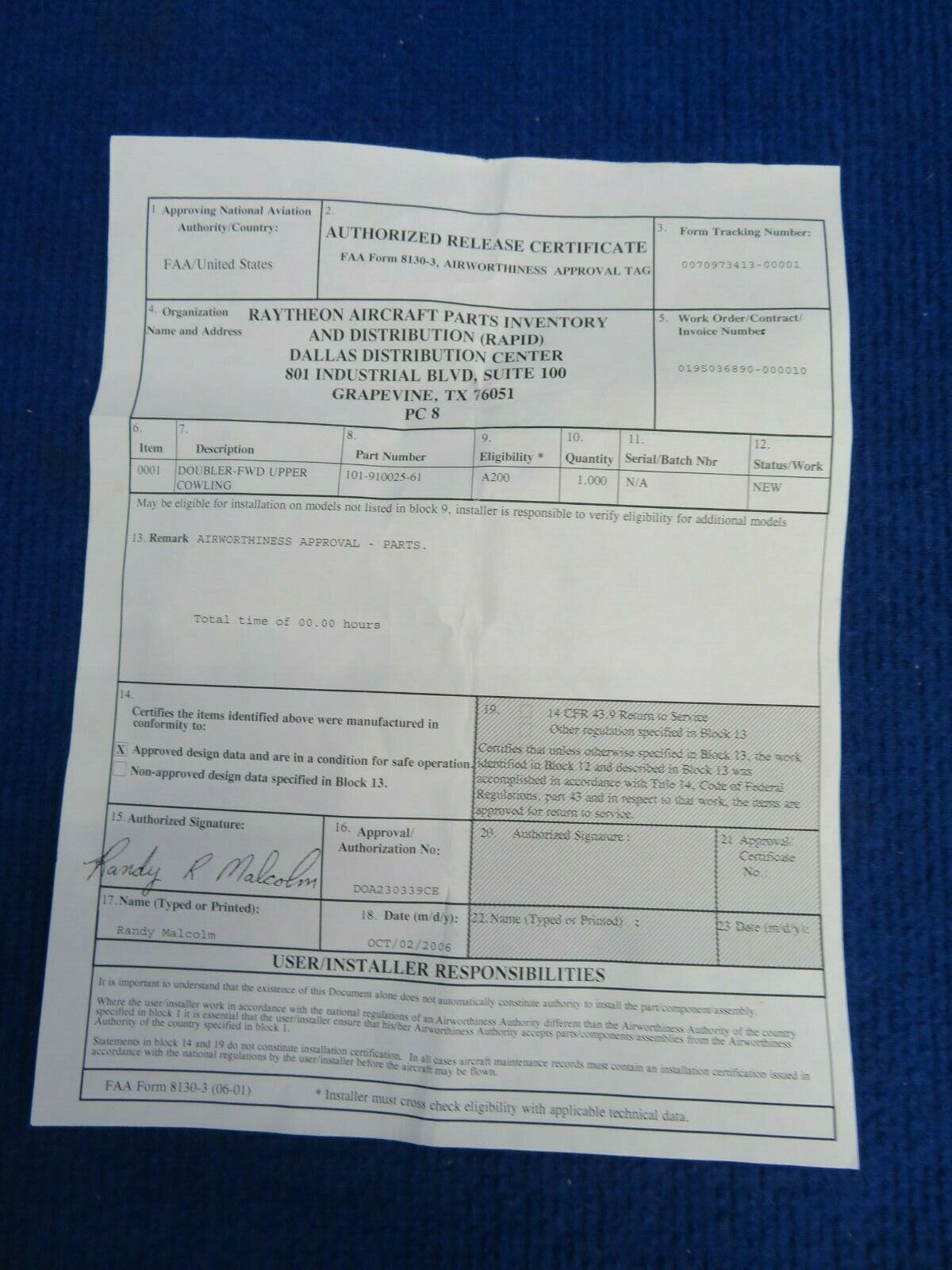 Beech Doubler FWD Upper Cowling P/N 101-910025-61 NOS w/ 8130 (0522-397)
