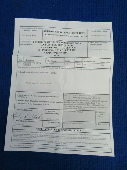Beech Doubler FWD Upper Cowling P/N 101-910025-61 NOS w/ 8130 (0522-397)