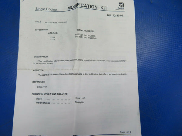 Cessna 172R, 172S Vacuum Hose Modification Kit  P/N MK172 37 01 NOS (0720-595)