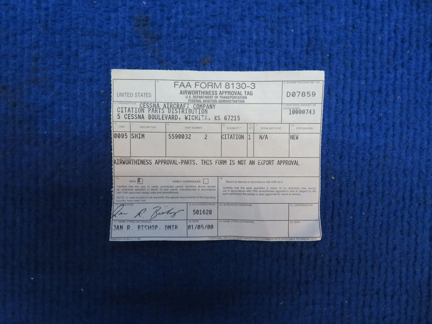 Cessna Citation Shim w/ 8130 P/N 5590032-2 NOS (0922-527)