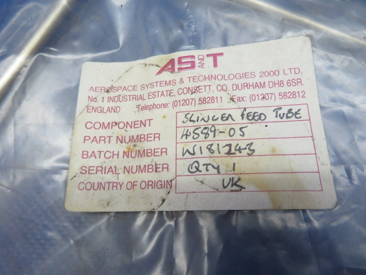 Aero Space Systems Slinger Feed Tube P/N 4589-05 NOS (0124-323)